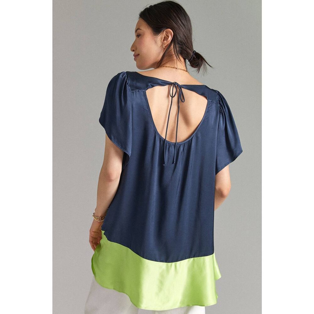 Maeve Anthropologie Top Small Colorblocked Tunic Blouse Satin Navy Blue Green